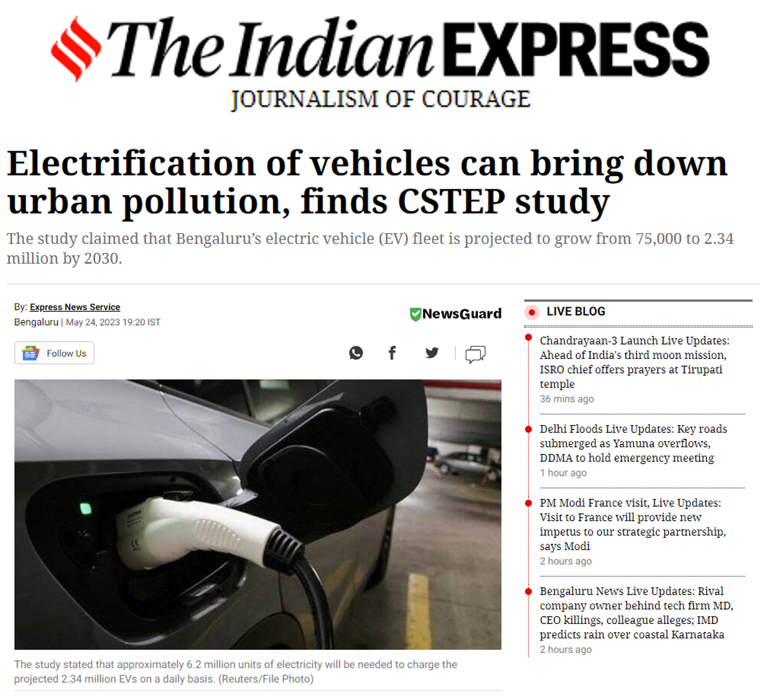 CSTEP’s study on the impact of electric vehicles on urban pollution covered by The Indian Express